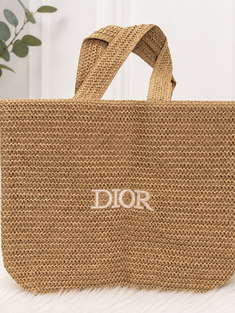 Dior Beige Woven Raffia Tote with White Logo